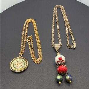 Lot of Two Gold Tone Pendant Necklaces 24” 21” Clown Beaded and Star Hearts